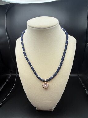 Boho Navy and gold Rope Necklace with Gold cz round Pendant and extender